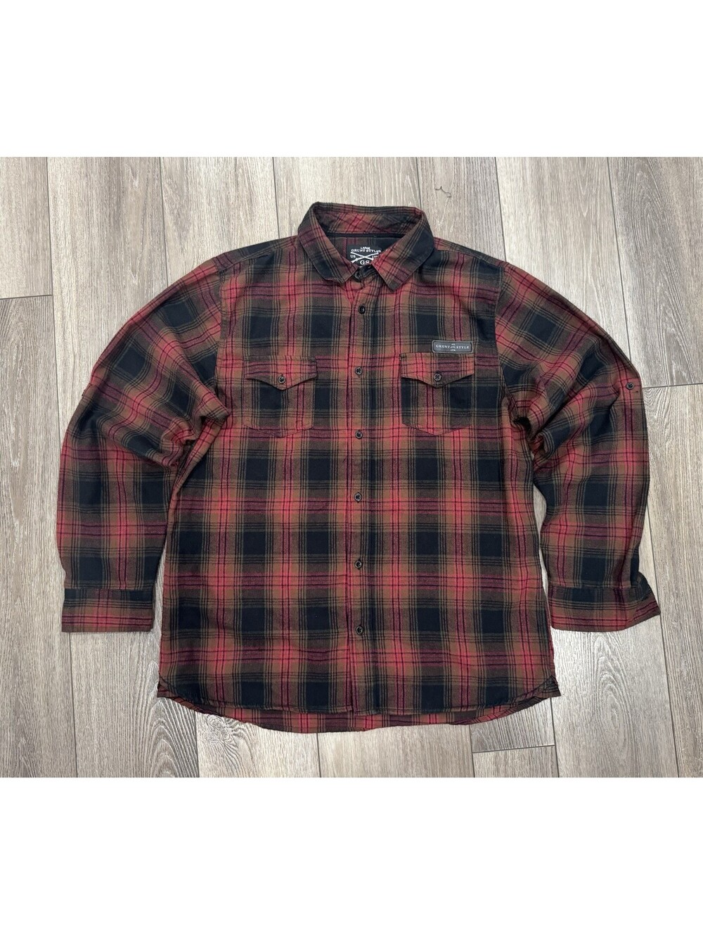 Grunt Style Flannel Shacket Shirt Mens Large Red Black Plaid Grunge Outdoors
